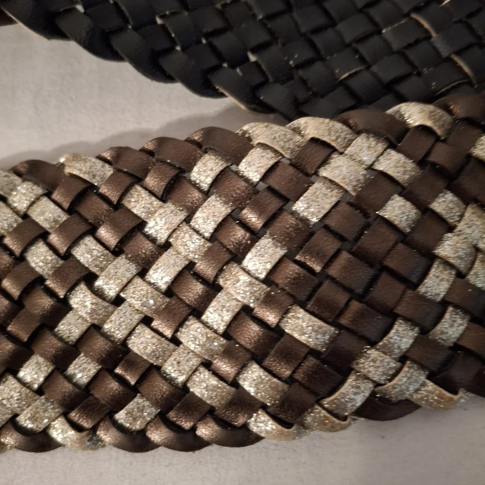 Southwestern Concha Women's Brown And Gold Woven Leather Belt with Gold Buckle